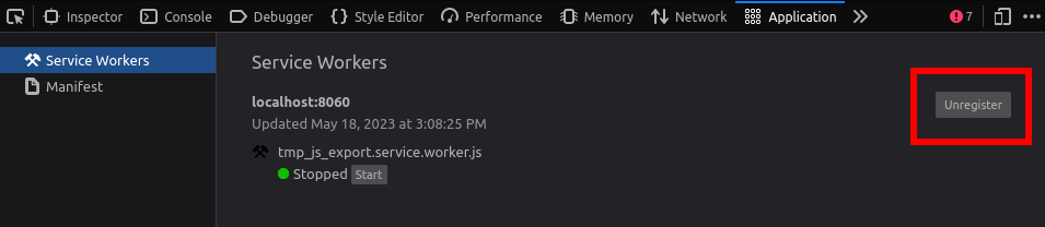Отмена регистрации service worker в DevTools Firefox